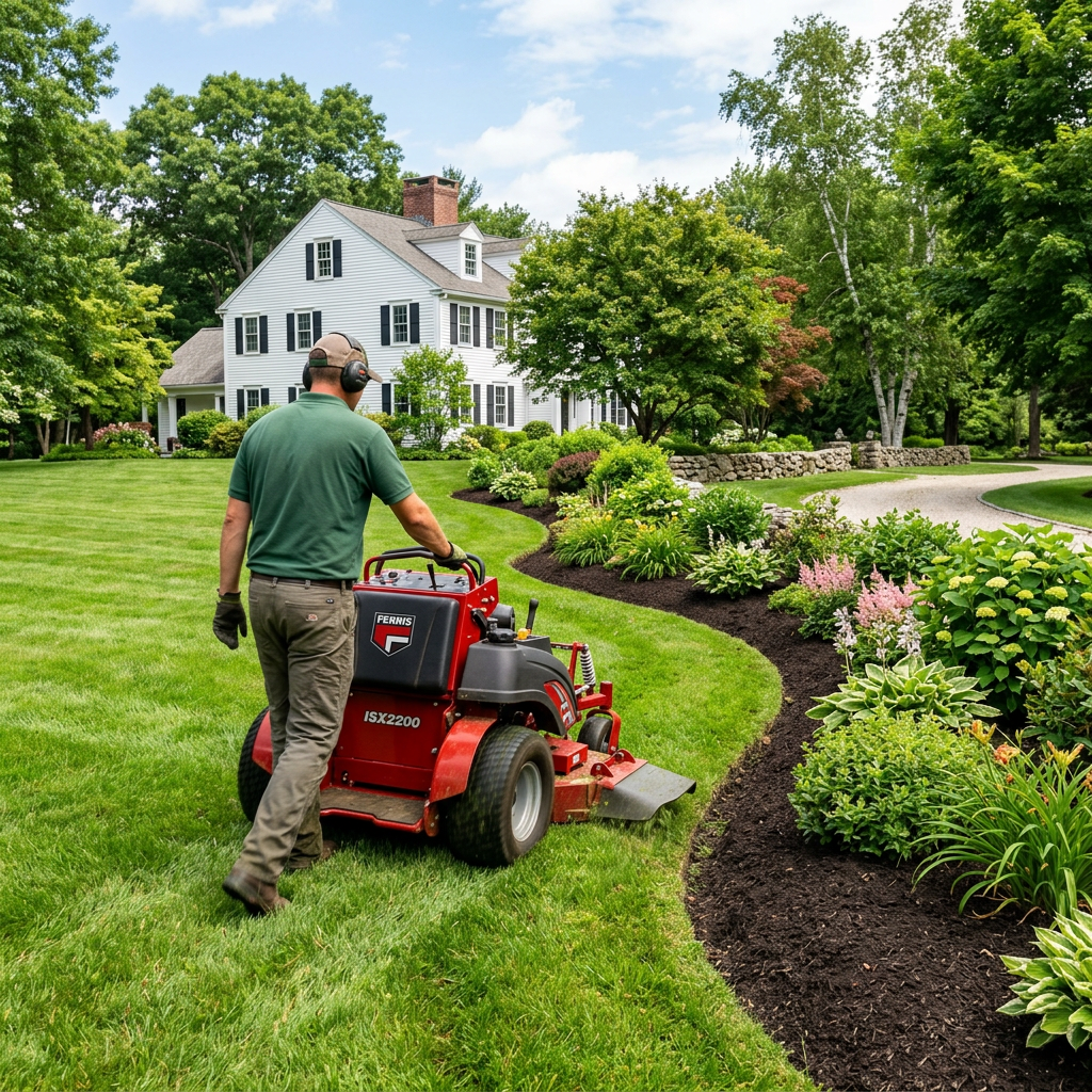 Person using a red walk-behind lawn mower to cut grass beside landscaped flower beds