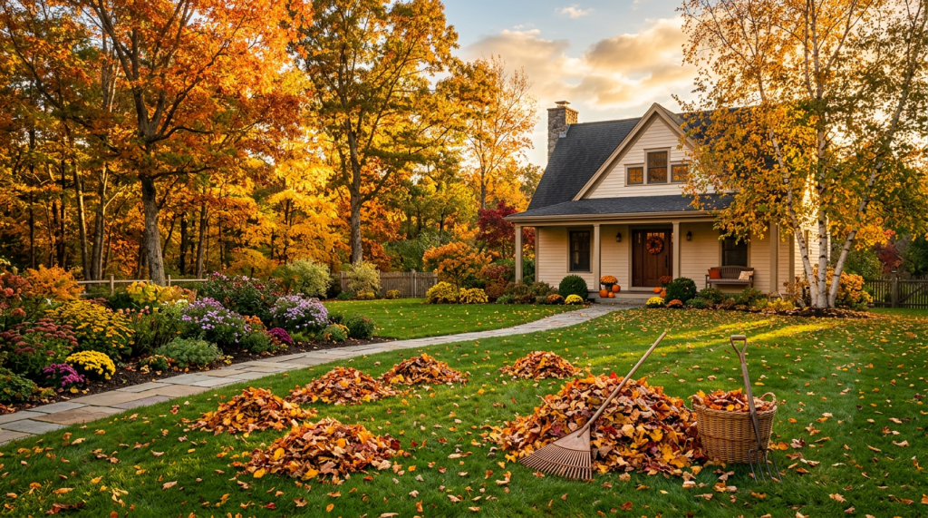 Raked piles of autumn leaves on a lawn in front of a house with fall foliage