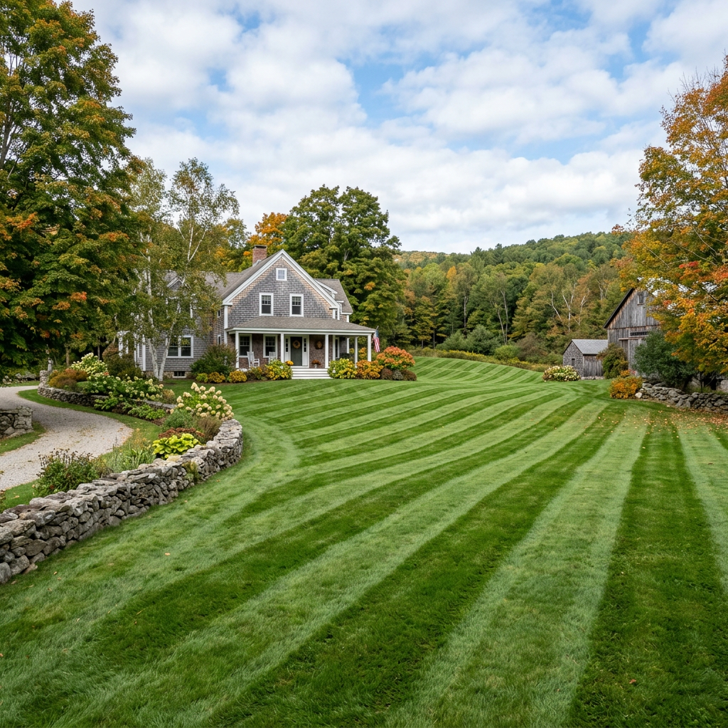 Farmhouse with large striped lawn and autumn trees
